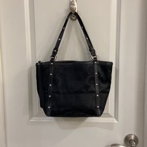 Coach black shimmer signature stud stripe Jacquard shoulder tote purse